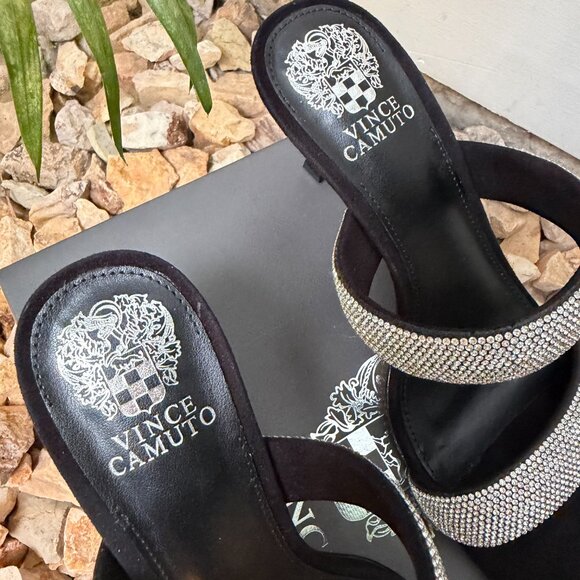 Vince Camuto Aslee Rhinestone Embellished Black & Silver Crystal Dress Sandals - Picture 7 of 11